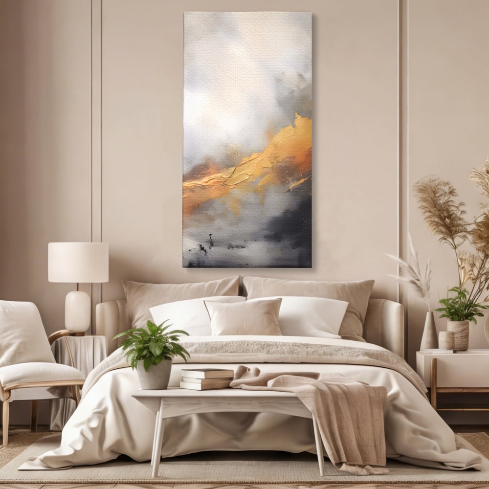 Tablou canvas cu pictura abstracta cu tusa aurie in relief, fara rama, pe sasiu de lemn, pe perete intr-un dormitor